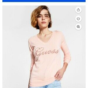 Guess Embellished V Neck Sweater Peach Creme Sz L EXCELLENT CONDITION! LLL